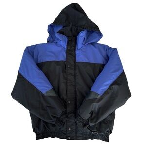 Vintage Alpine Ski Jacket Mens L Hooded Black Blue Retro 90s Winter Snow Coat